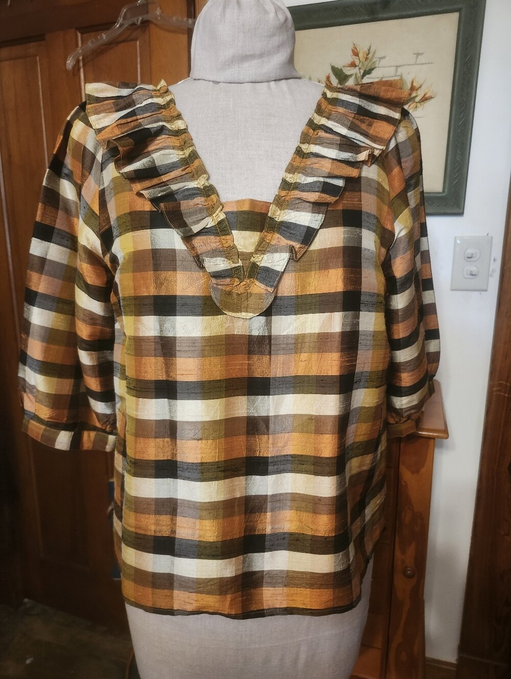 Sezane Plaid 100% Silk Top